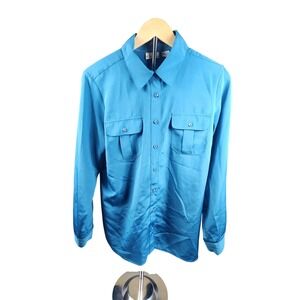 Kim Rogers Teal Blue Roll Tab Long Sleeve Button Down Blouse Medium